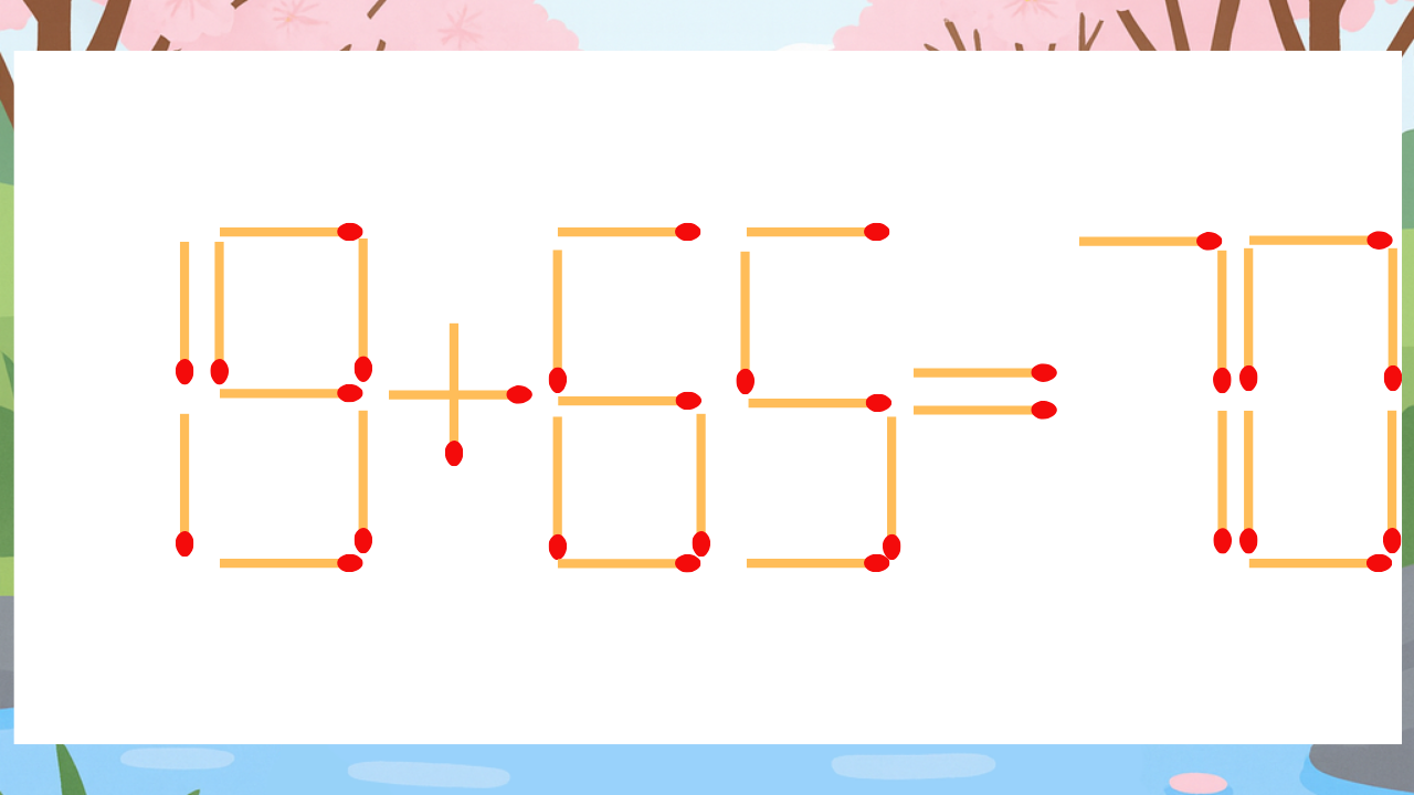 【マッチ棒クイズ】1本だけ動かして正しい式に：19+65=70？の問題イメージ