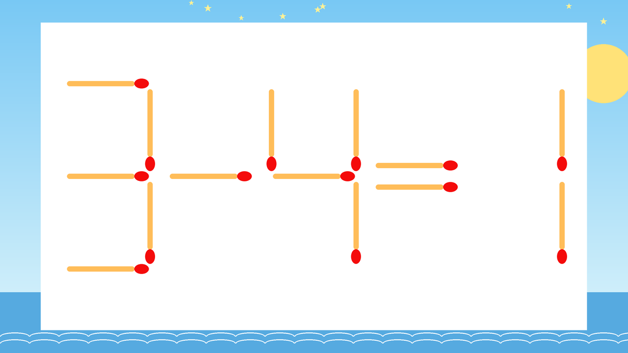 【マッチ棒クイズ】1本だけ動かして正しい式に：3-4=1？の問題イメージ