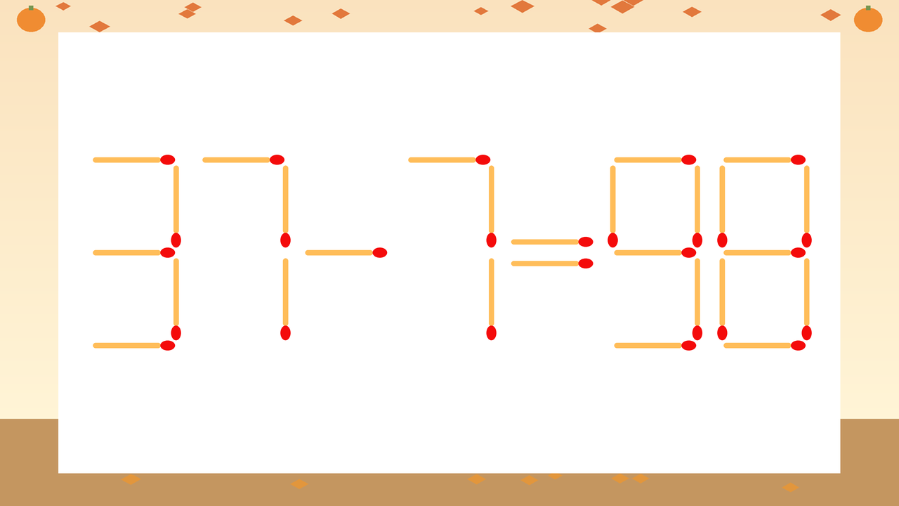 【マッチ棒クイズ】1本だけ動かして正しい式に:37-7=98?
