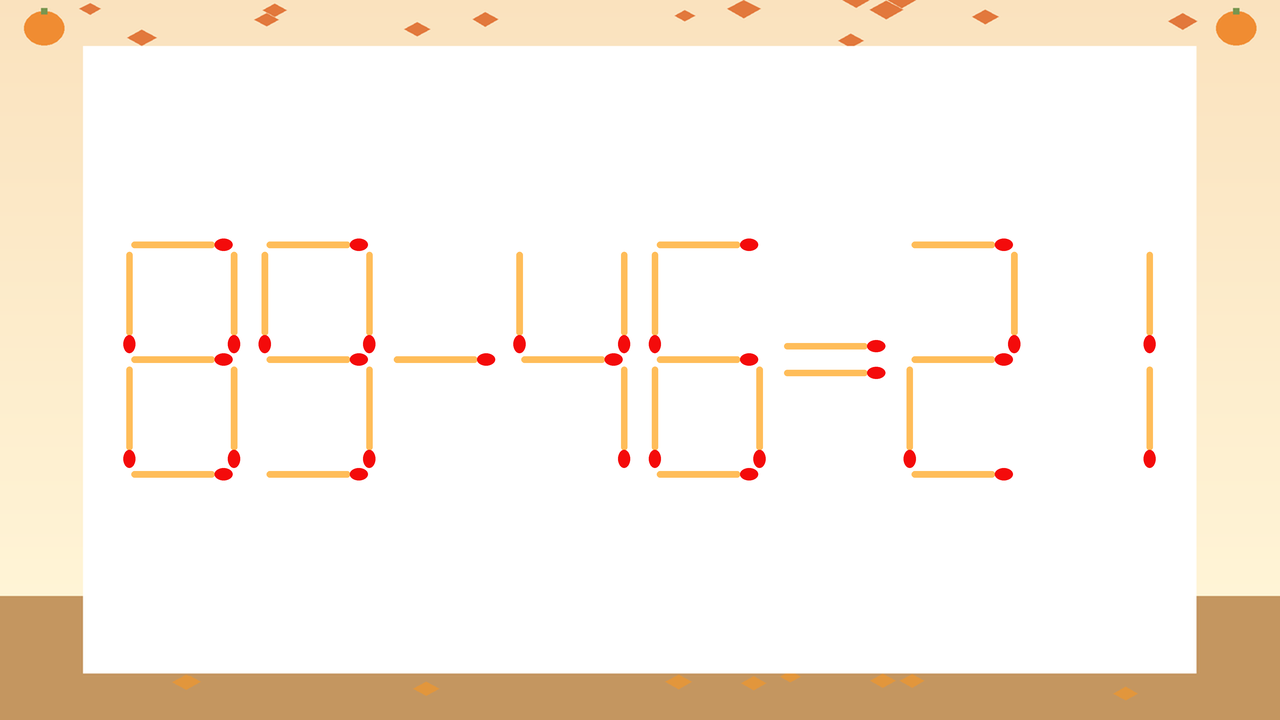 【マッチ棒クイズ】1本だけ動かして正しい式に：89-46=21？