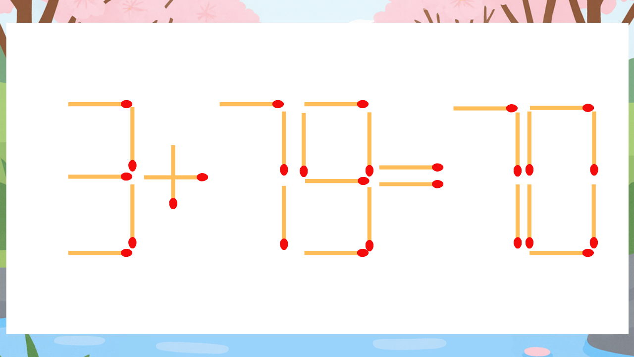 【マッチ棒クイズ】1本だけ動かして正しい式に:3+79=70?