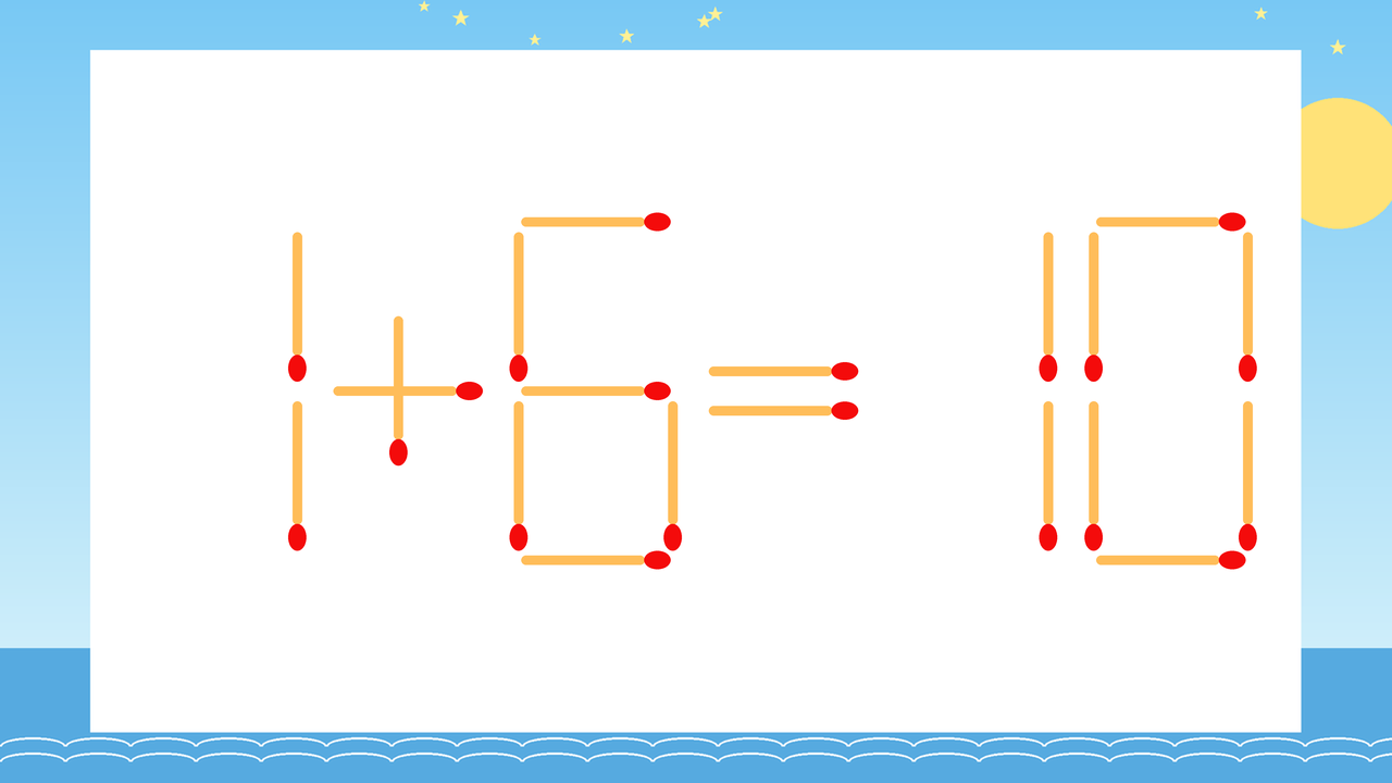 【マッチ棒クイズ】1本だけ動かして正しい式に：1+6=10？