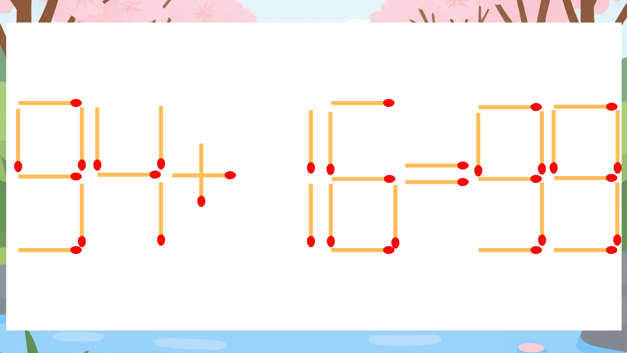 【マッチ棒クイズ】1本だけ動かして正しい式に：94+16=99？の問題イメージ