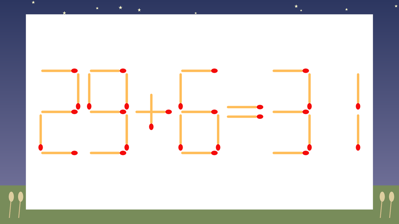 【マッチ棒クイズ】1本だけ動かして正しい式に：29+6=31？の問題イメージ