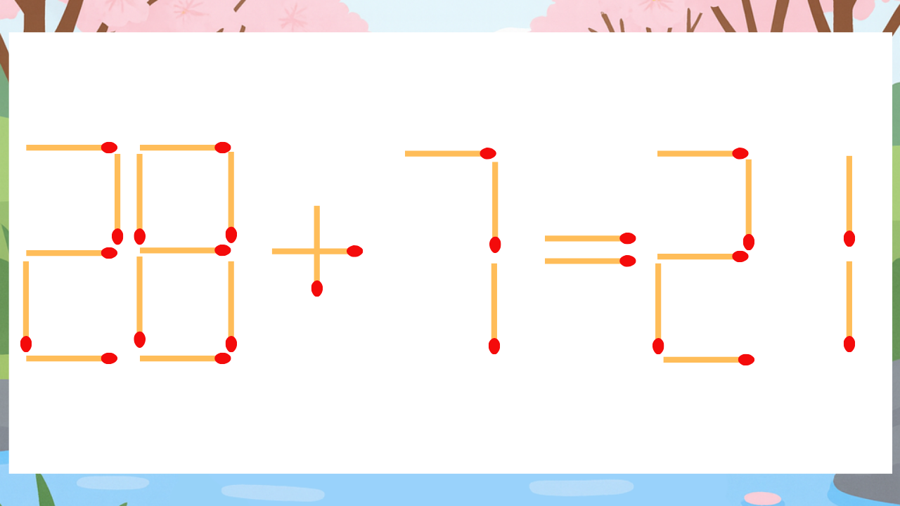 【マッチ棒クイズ】1本だけ動かして正しい式に：28+7=21？