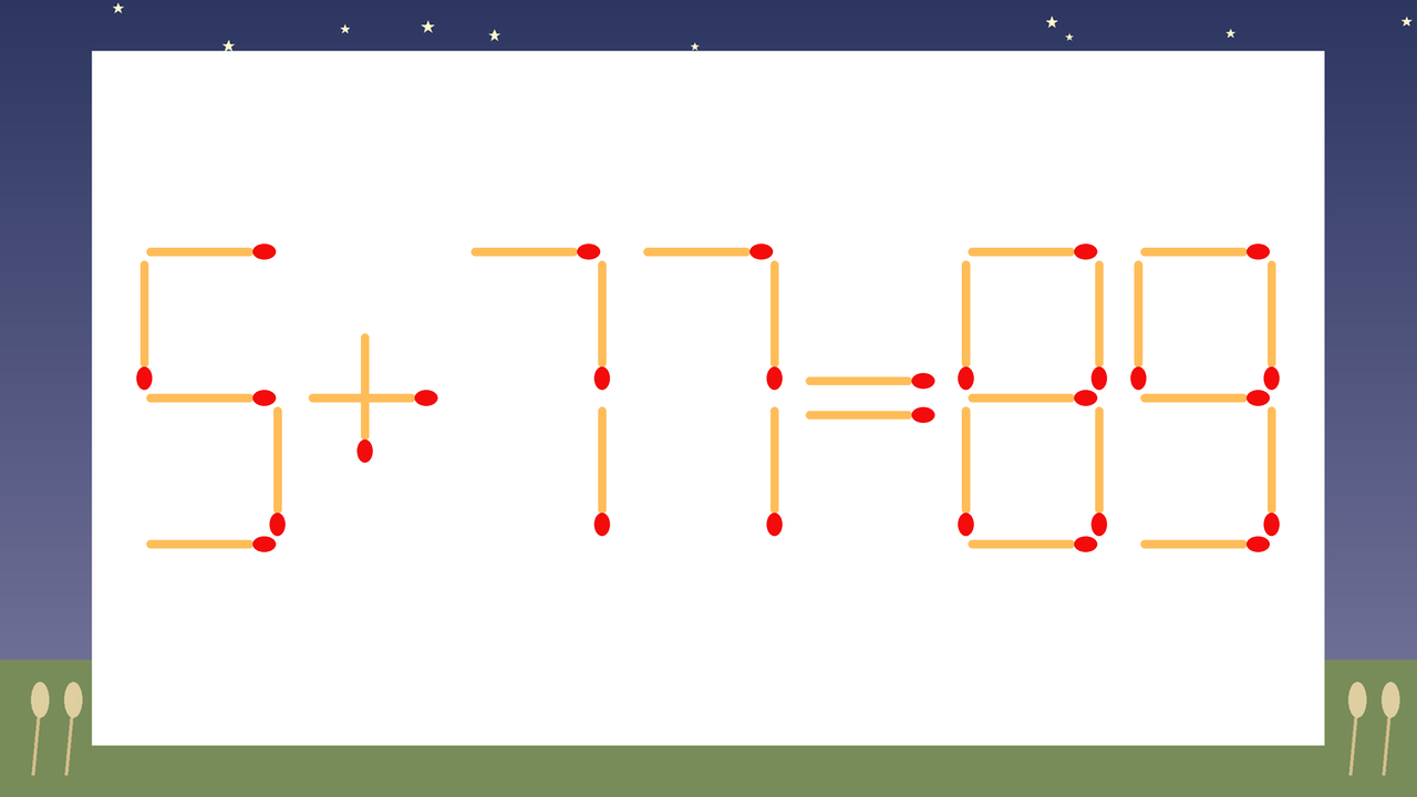 【マッチ棒クイズ】1本だけ動かして正しい式に：5+77=89？の問題イメージ