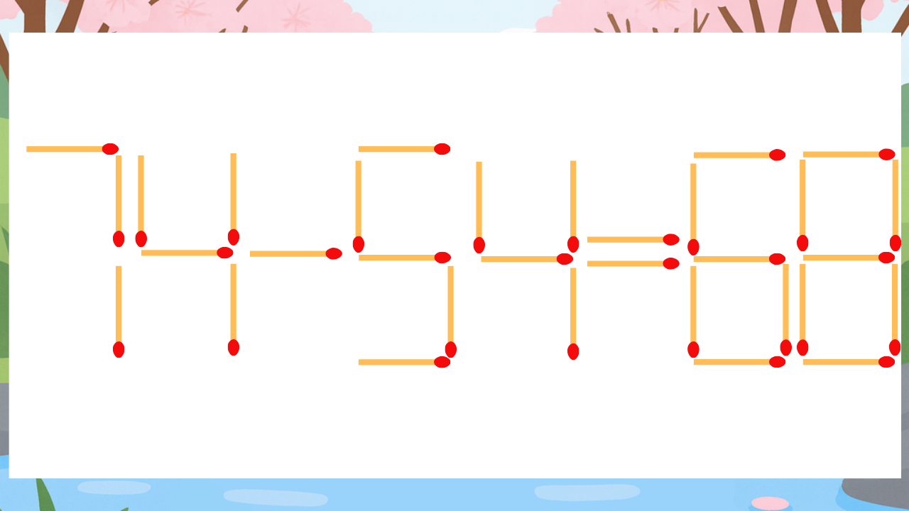 【マッチ棒クイズ】1本だけ動かして正しい式に：74-54=68？