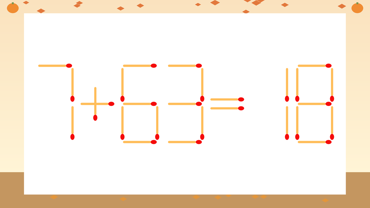 【マッチ棒クイズ】1本だけ動かして正しい式に：7+63=18？