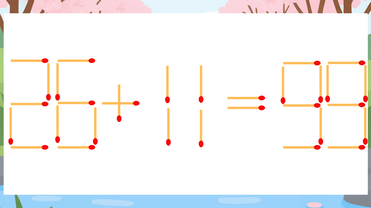 【マッチ棒クイズ】1本だけ動かして正しい式に：26+11=99？