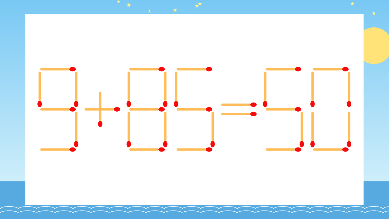 【マッチ棒クイズ】1本だけ動かして正しい式に：9+85=50？