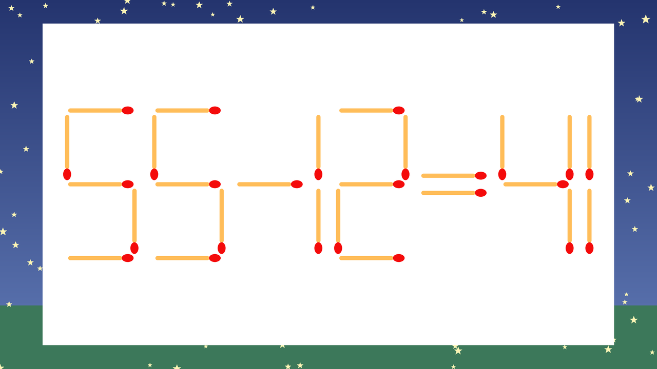 【マッチ棒クイズ】1本だけ動かして正しい式に：55-12=41？の問題イメージ