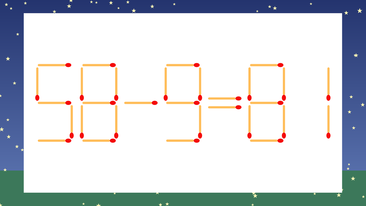 【マッチ棒クイズ】1本だけ動かして正しい式に：58-9=81？の問題イメージ