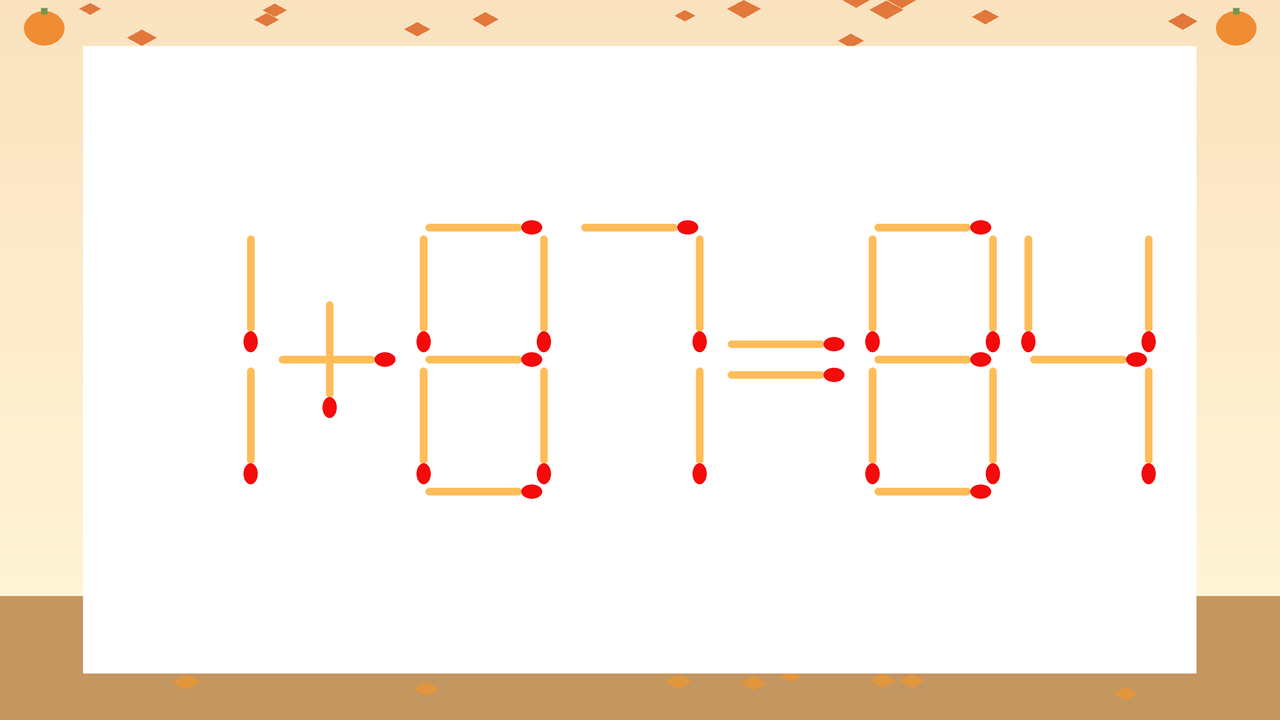 【マッチ棒クイズ】1本だけ動かして正しい式に：1+87=84？