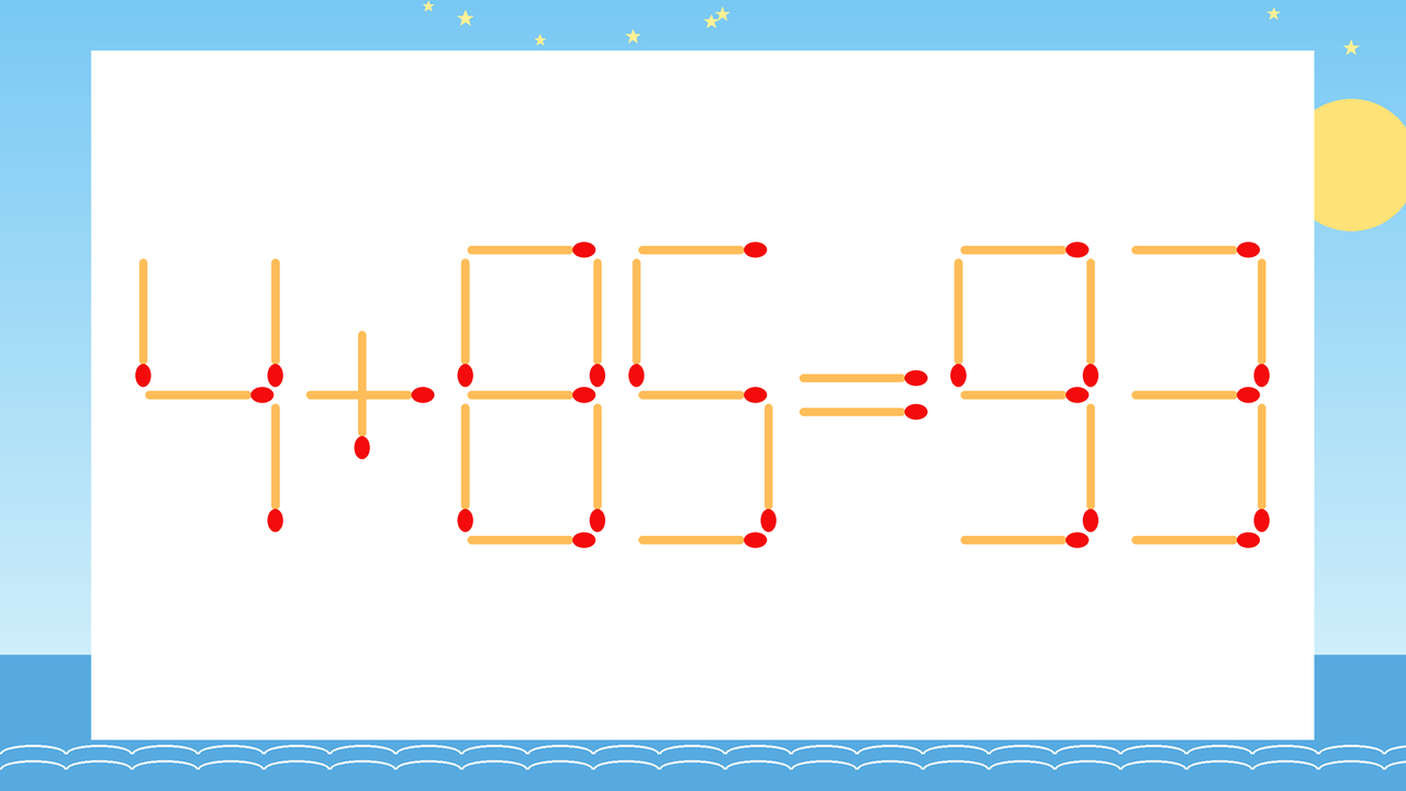 【マッチ棒クイズ】1本だけ動かして正しい式に：4+85=93？の問題イメージ