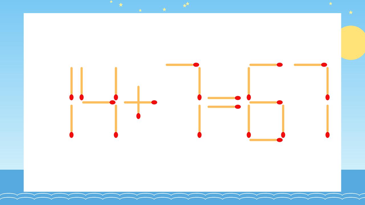 【マッチ棒クイズ】1本だけ動かして正しい式に：14+7=67？