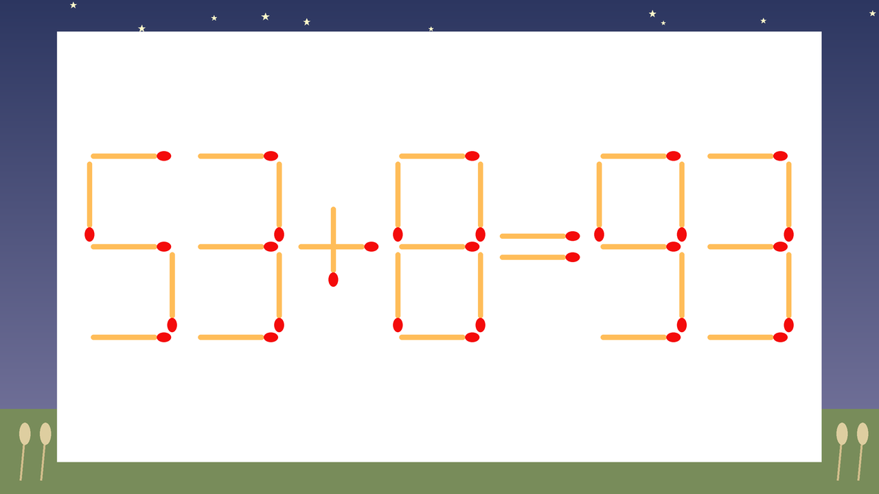 【マッチ棒クイズ】1本だけ動かして正しい式に：53+8=93？