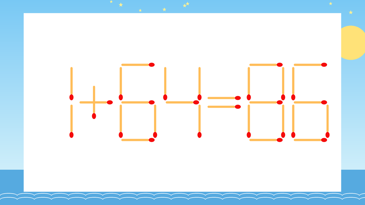 【マッチ棒クイズ】1本だけ動かして正しい式に：1+64=86？