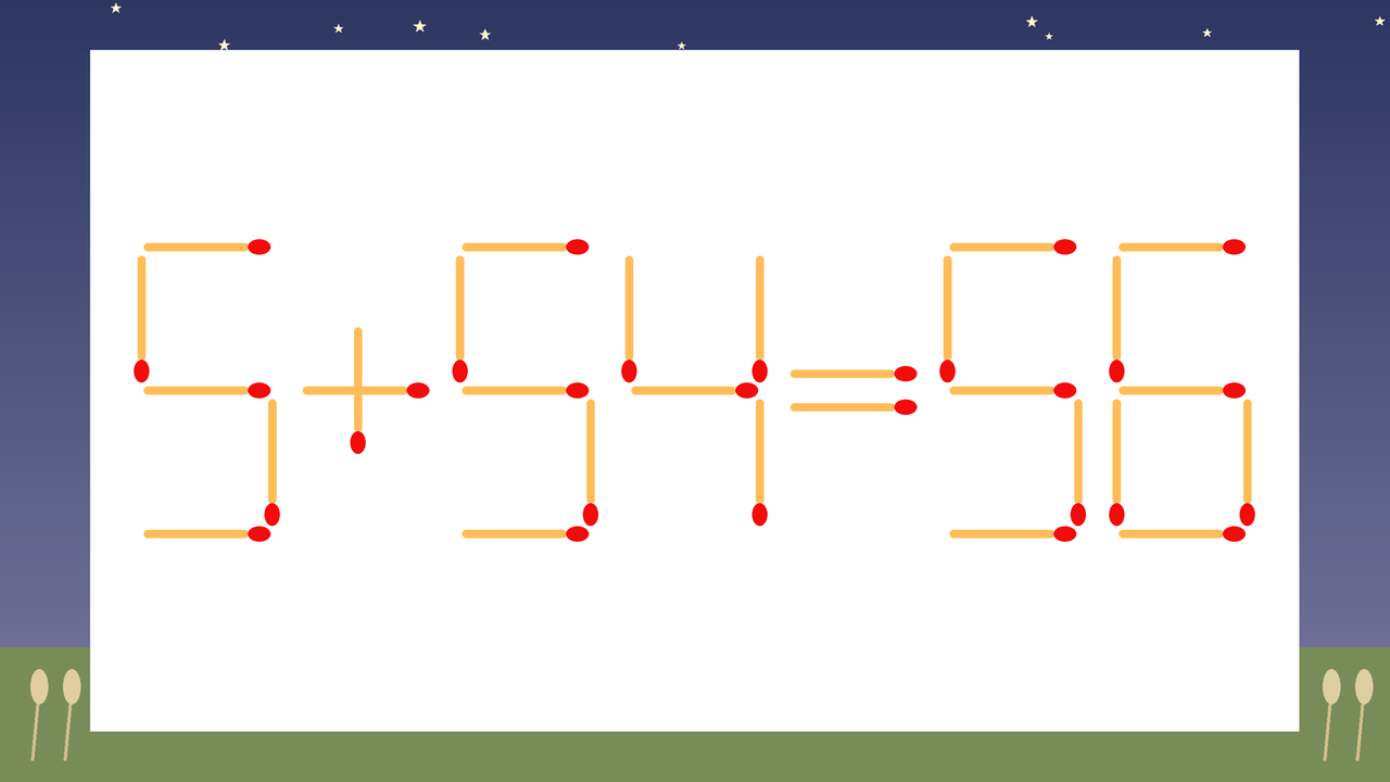 【マッチ棒クイズ】1本だけ動かして正しい式に：5+54=56？