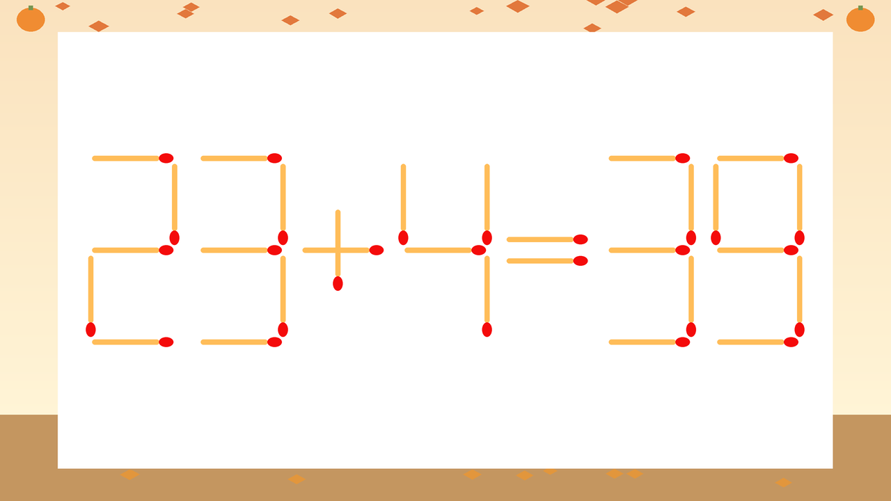 【マッチ棒クイズ】1本だけ動かして正しい式に：23+4=39？の問題イメージ