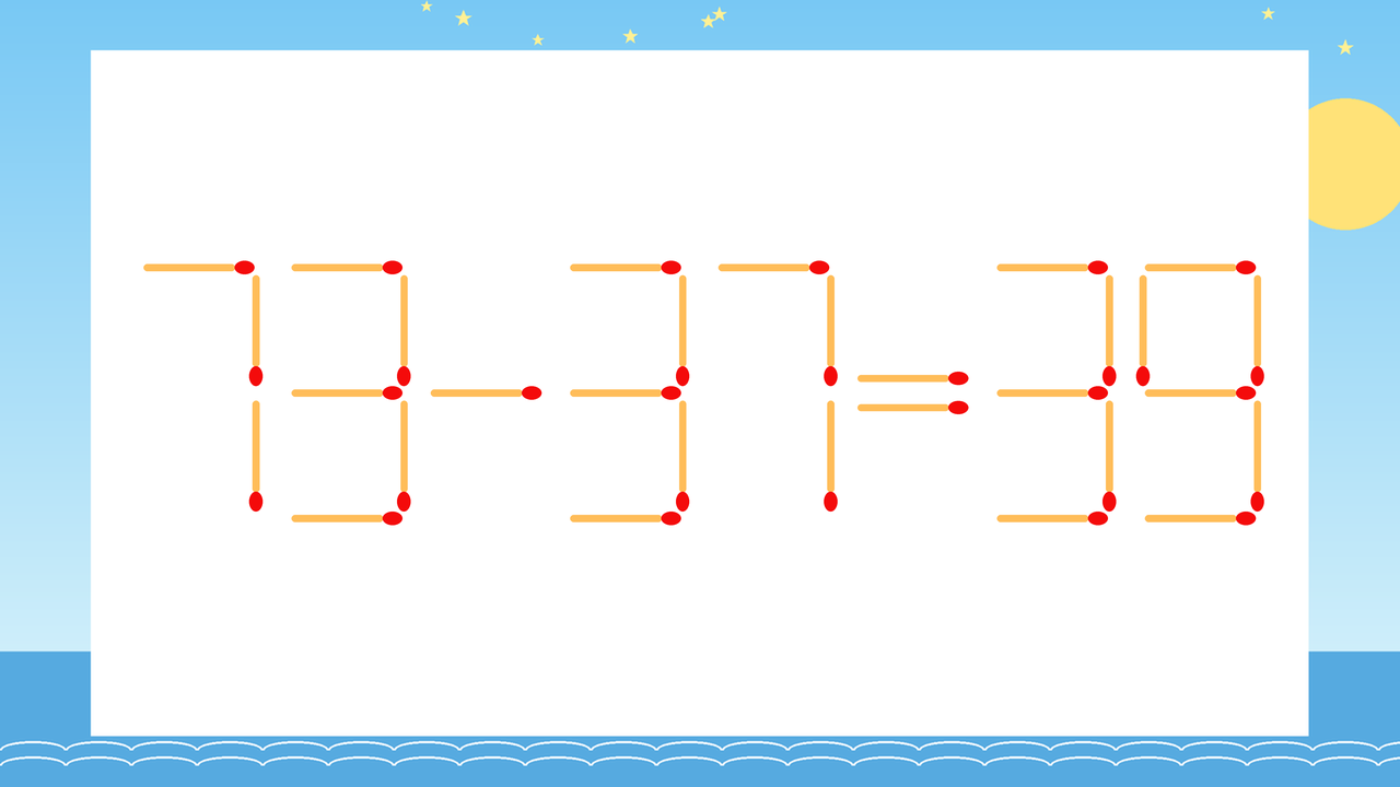 【マッチ棒クイズ】1本だけ動かして正しい式に：73-37=39？の問題イメージ