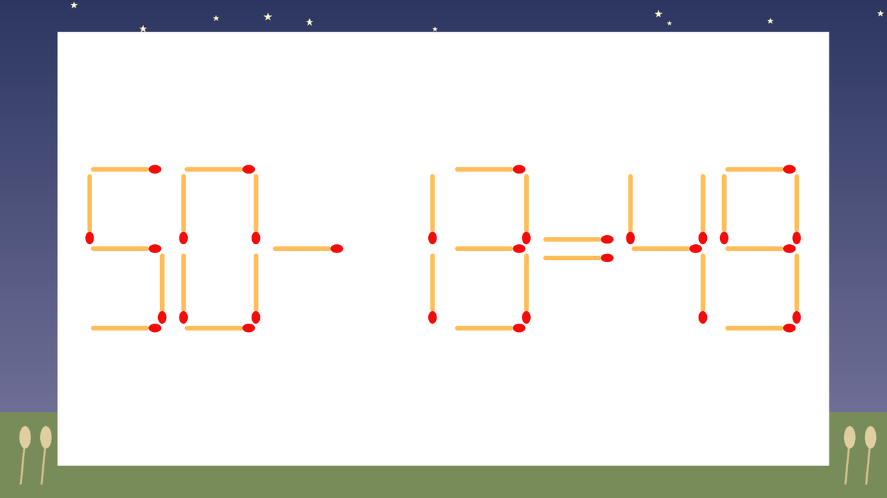 【マッチ棒クイズ】1本だけ動かして正しい式に：50-13=49？