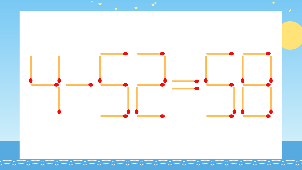 【マッチ棒クイズ】1本だけ動かして正しい式に：4-52=58？