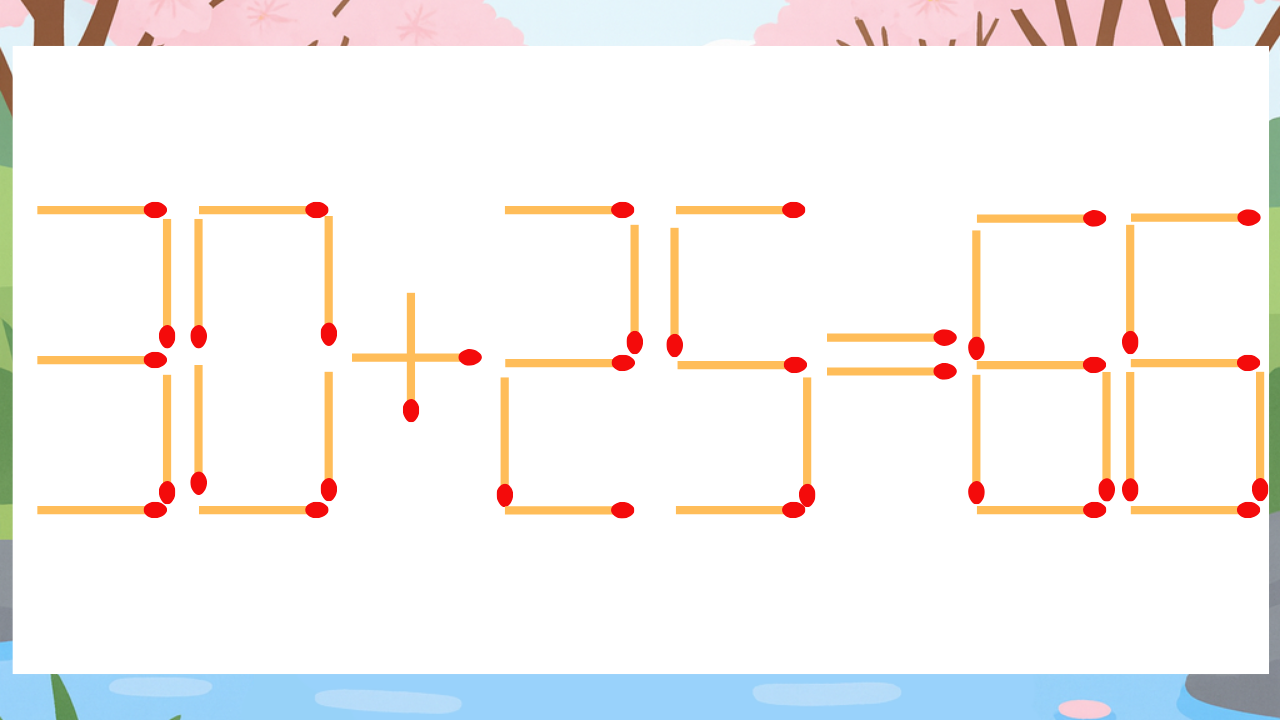 【マッチ棒クイズ】1本だけ動かして正しい式に：30+25=66？の問題イメージ