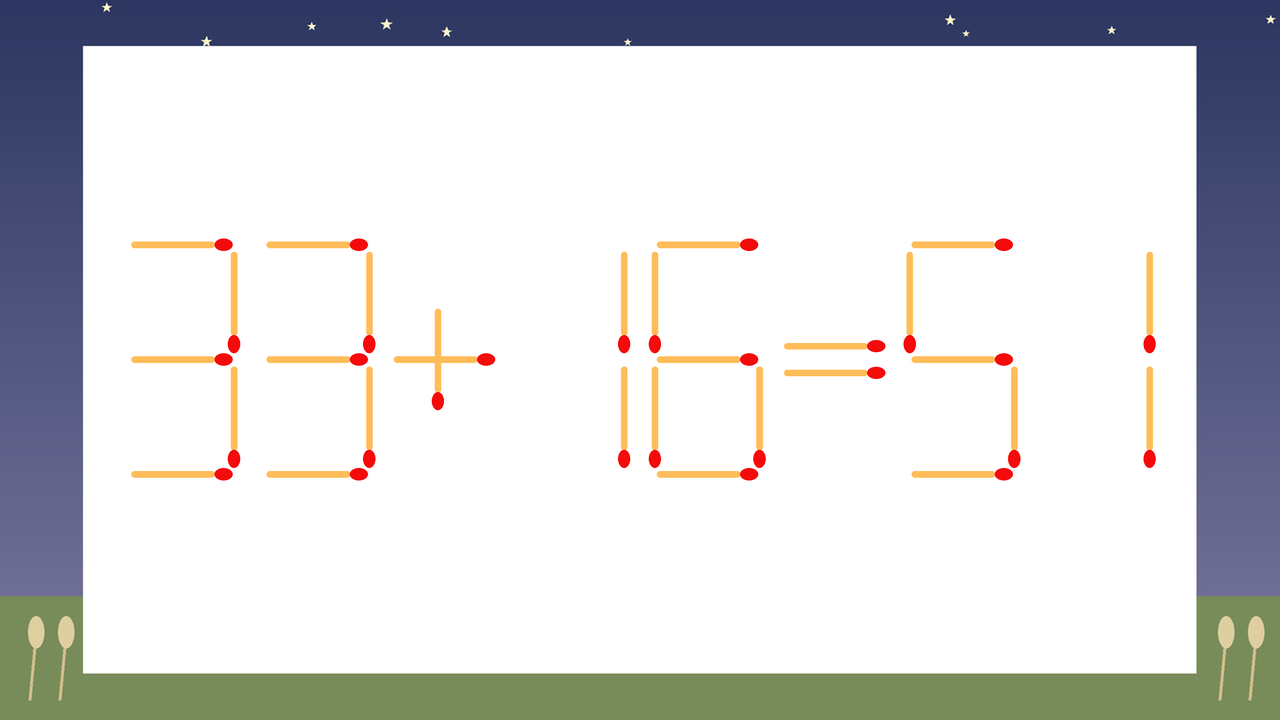 【マッチ棒クイズ】1本だけ動かして正しい式に：33+16=51？