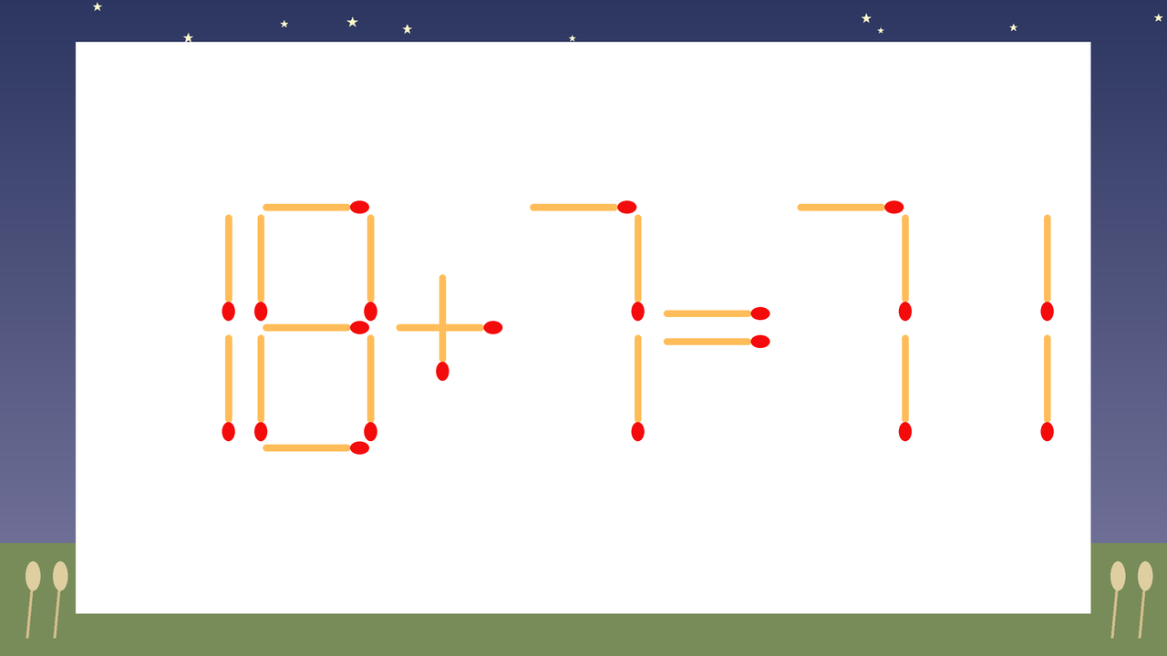【マッチ棒クイズ】1本だけ動かして正しい式に：18+7=71？