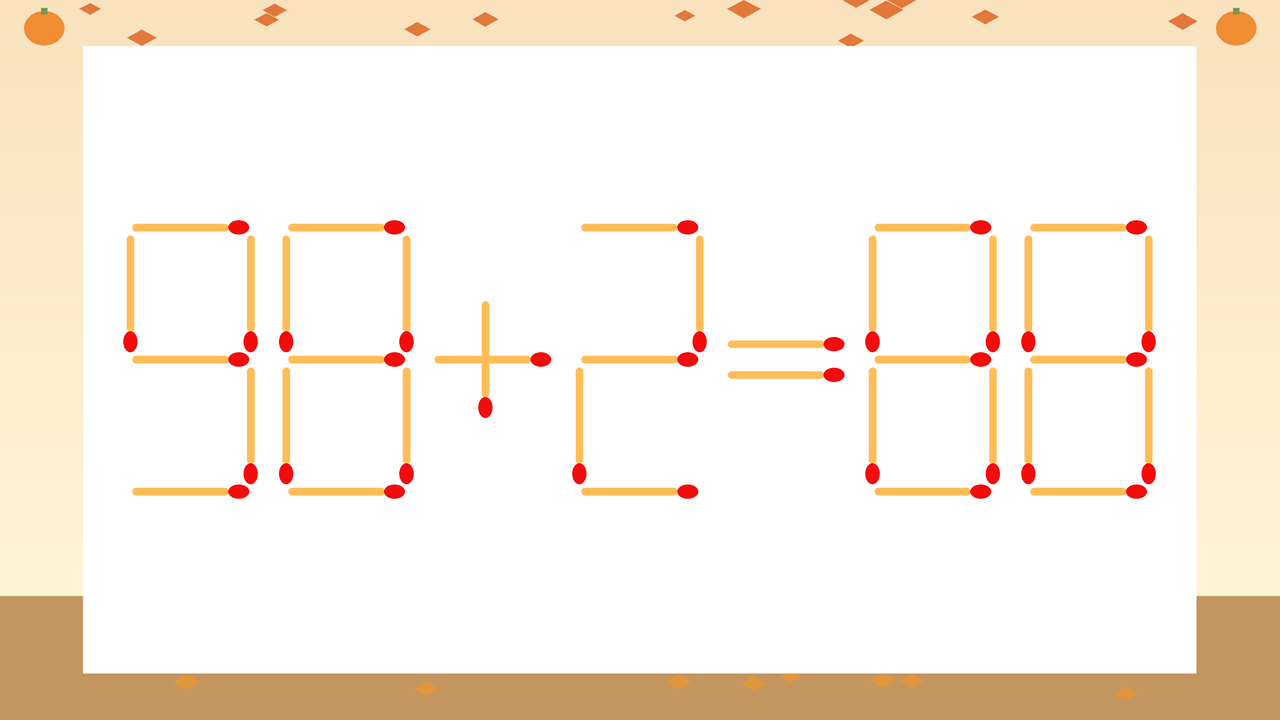 【マッチ棒クイズ】1本だけ動かして正しい式に：98+2=88？