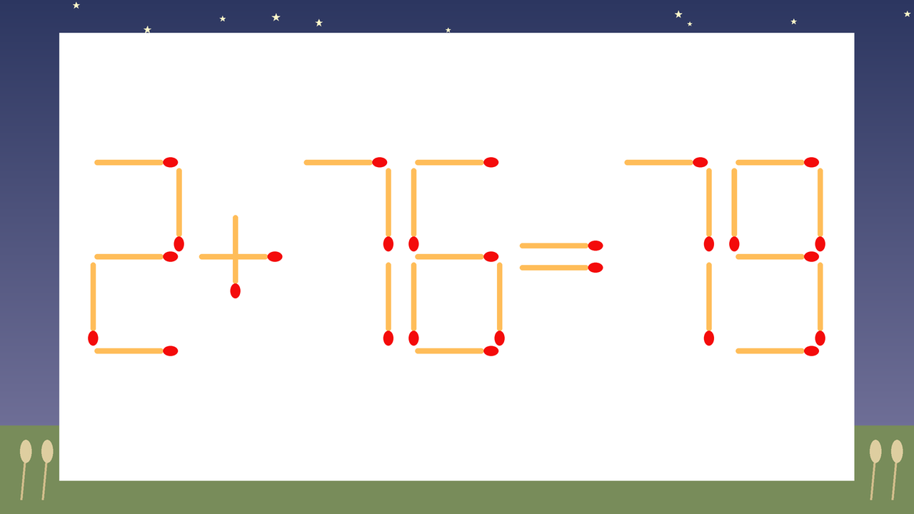 【マッチ棒クイズ】1本だけ動かして正しい式に：2+76=79？の問題イメージ