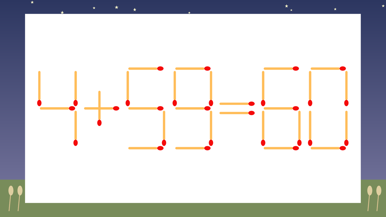 【マッチ棒クイズ】1本だけ動かして正しい式に：4+59=60？