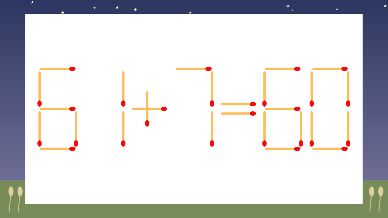 【マッチ棒クイズ】1本だけ動かして正しい式に：61+7=60？