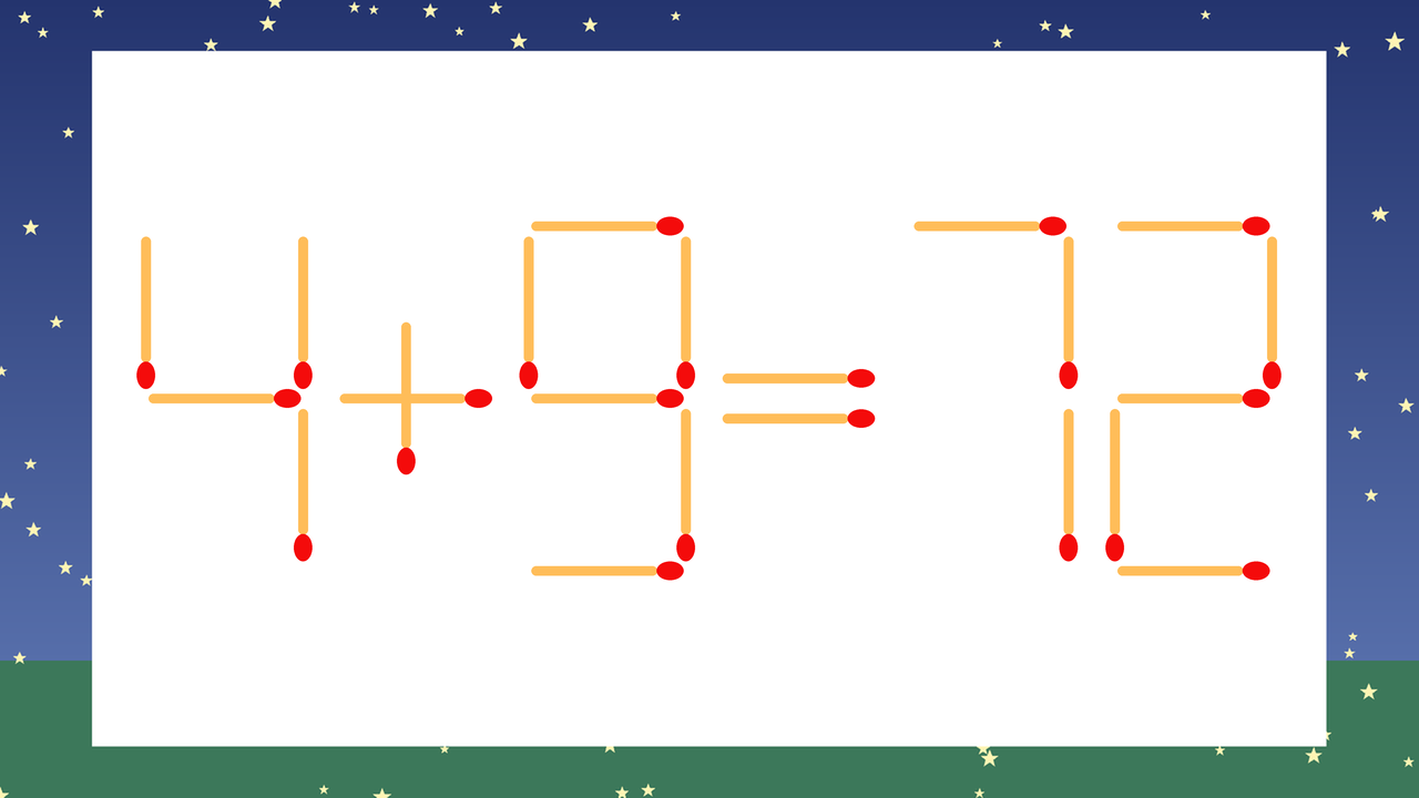 【マッチ棒クイズ】1本だけ動かして正しい式に：4+9=72？