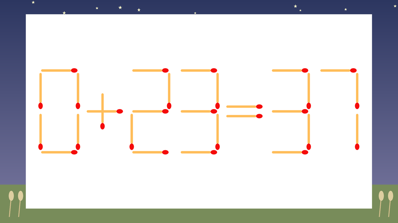 【マッチ棒クイズ】1本だけ動かして正しい式に：0+23=37？