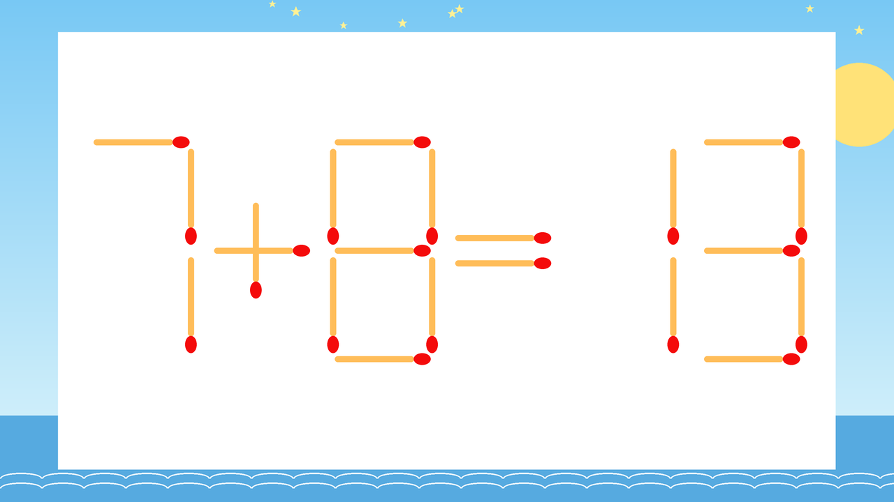 【マッチ棒クイズ】1本だけ動かして正しい式に：7+8=13？
