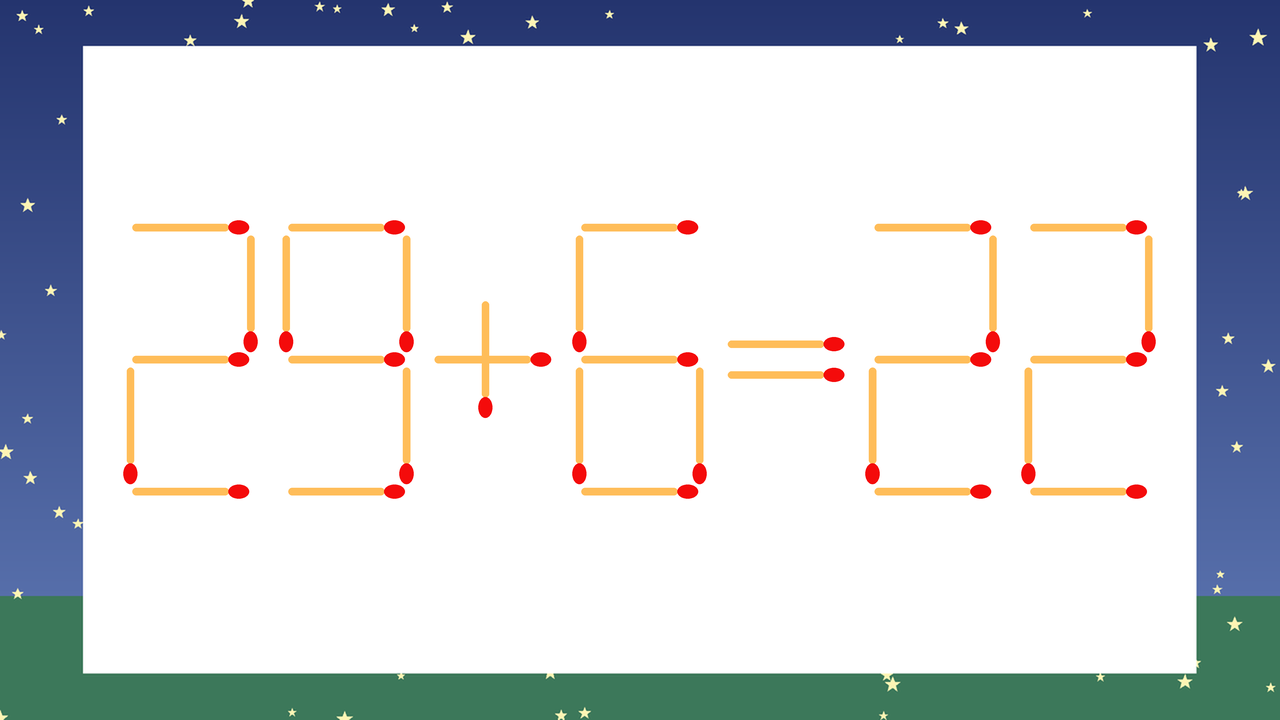 【マッチ棒クイズ】1本だけ動かして正しい式に：29+6=22？の問題イメージ
