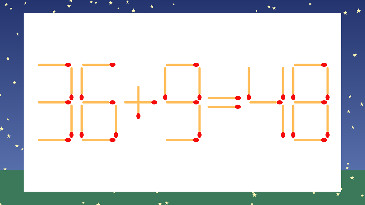 【マッチ棒クイズ】1本だけ動かして正しい式に：36+9=48？の問題イメージ