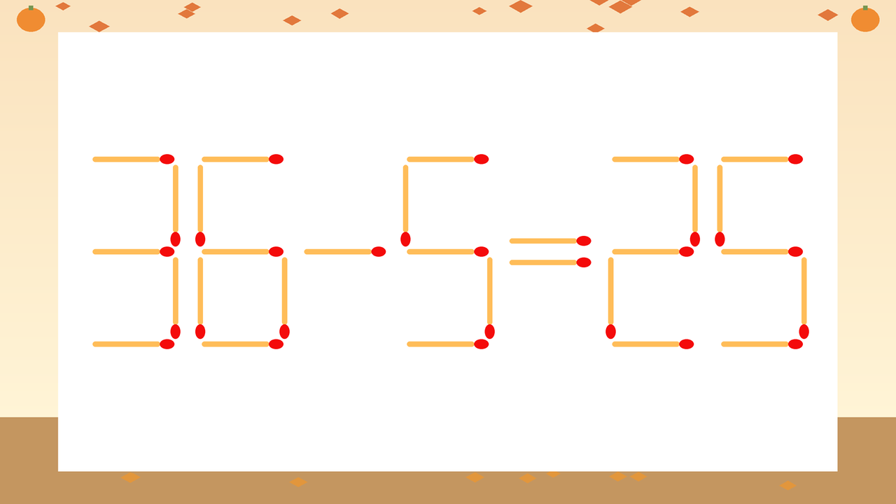 【マッチ棒クイズ】1本だけ動かして正しい式に：36-5=25？