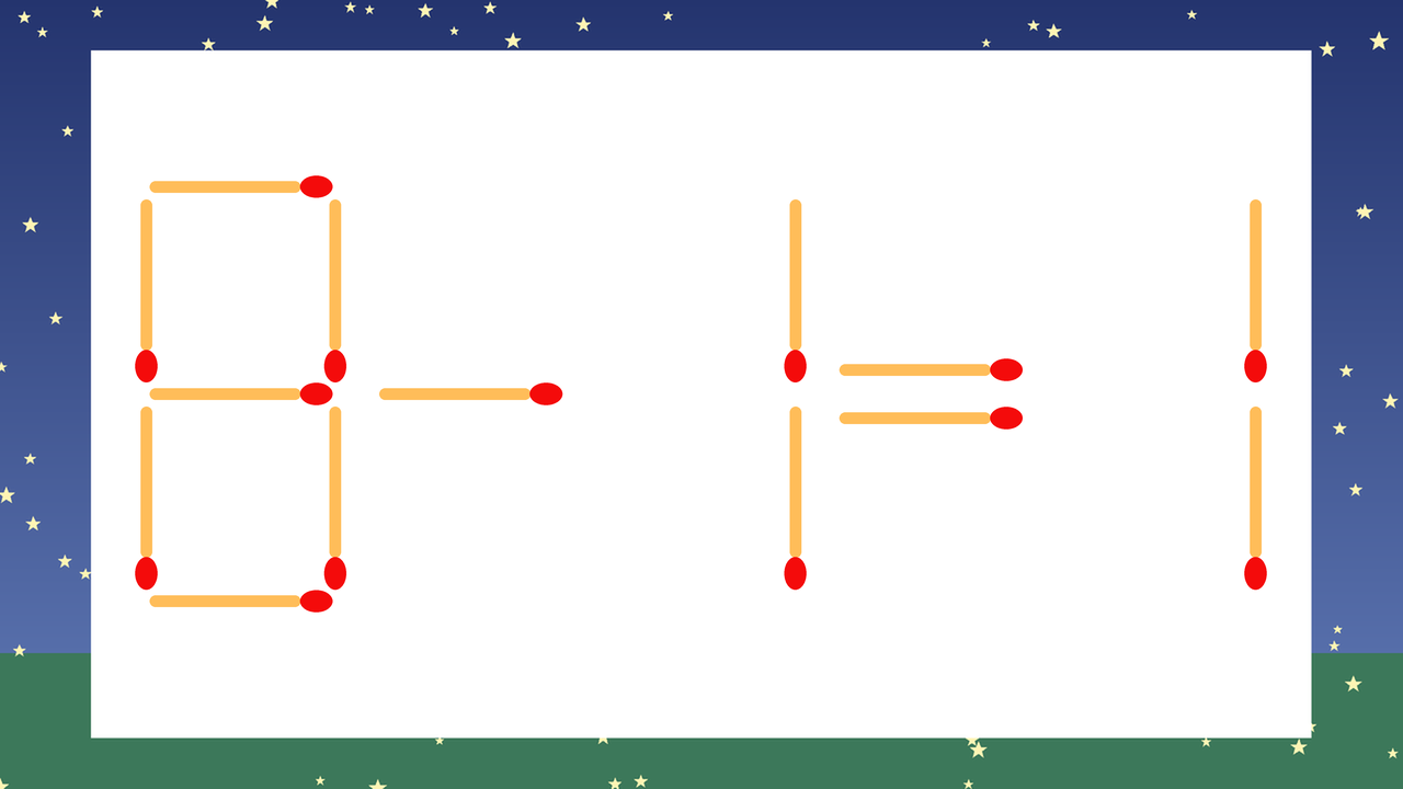 【マッチ棒クイズ】1本だけ動かして正しい式に：8-1=1？の問題イメージ