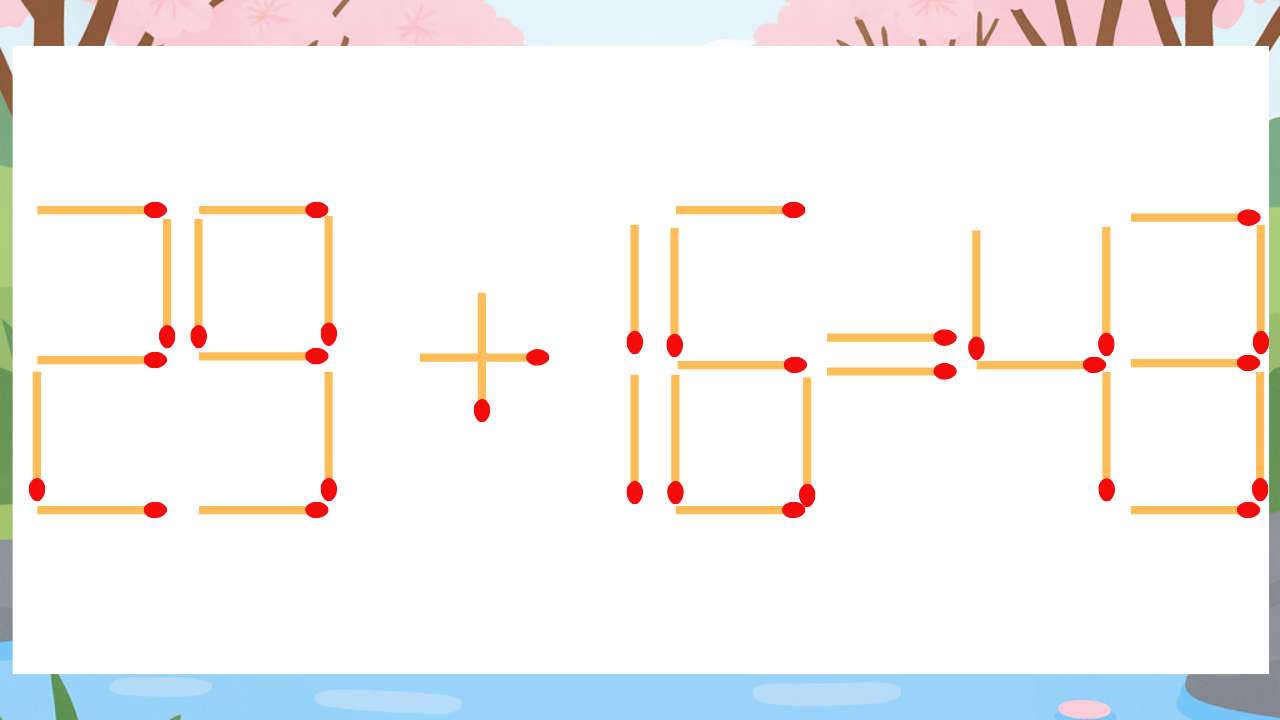【マッチ棒クイズ】1本だけ動かして正しい式に：29+16=43？
