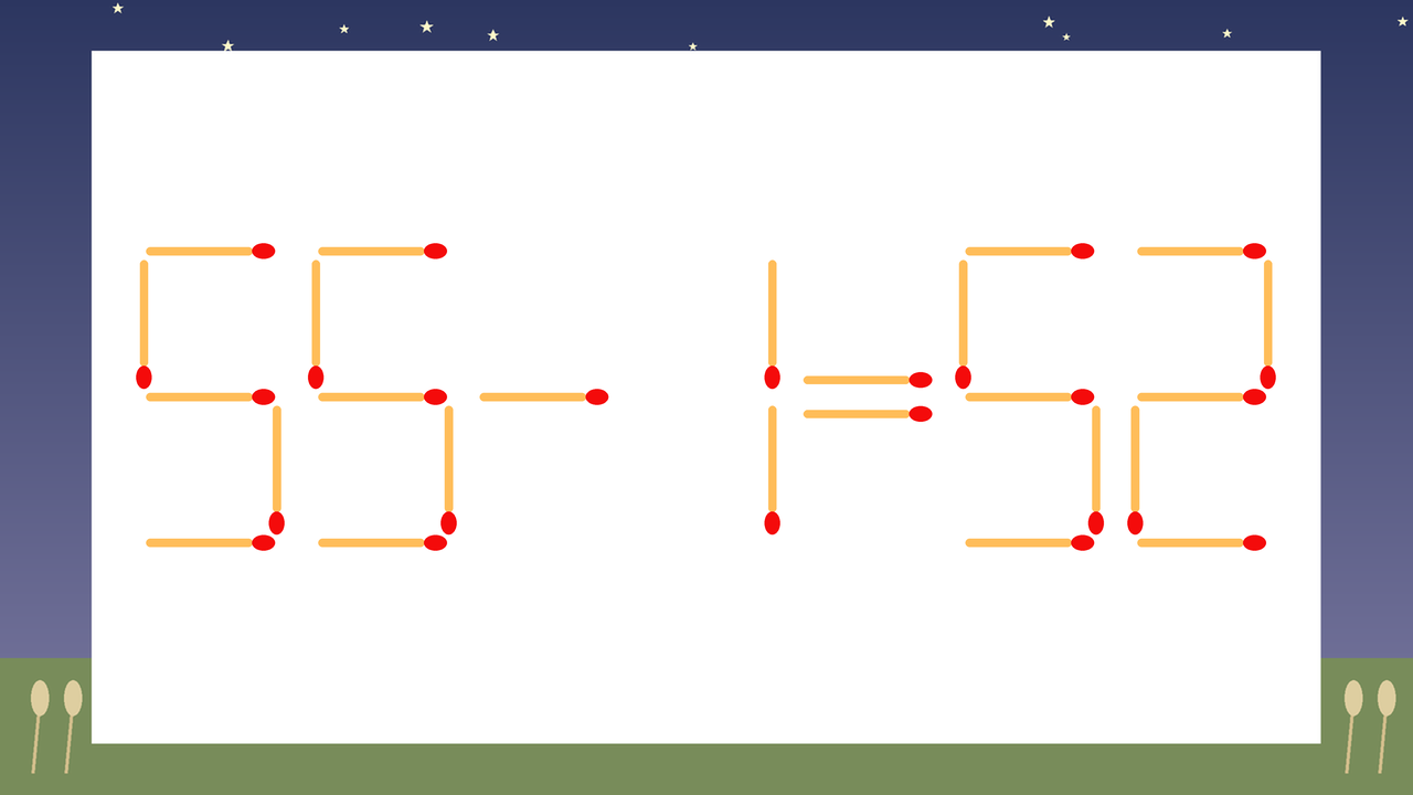 【マッチ棒クイズ】1本だけ動かして正しい式に：55-1=52？の問題イメージ
