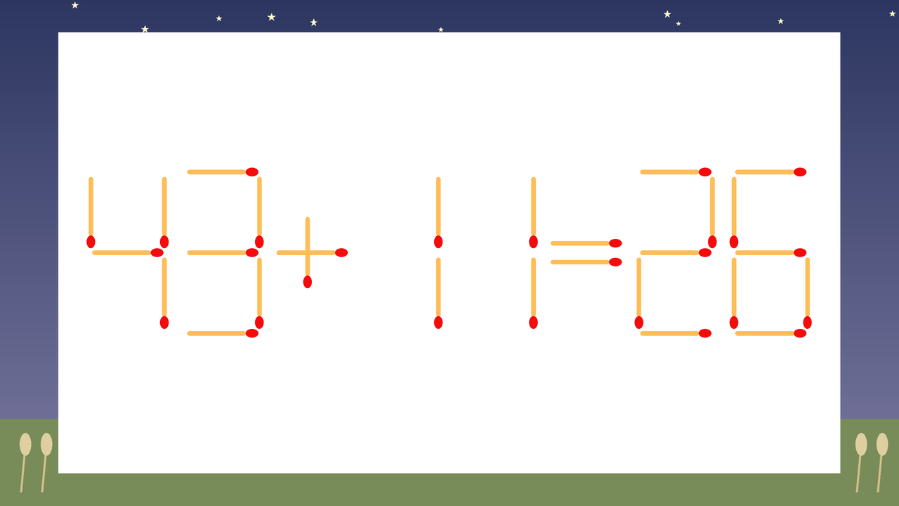 【マッチ棒クイズ】1本だけ動かして正しい式に：43+11=26？