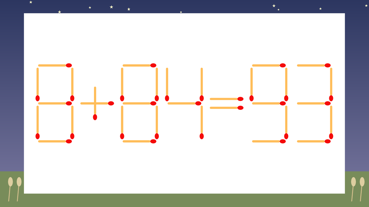 【マッチ棒クイズ】1本だけ動かして正しい式に：8+84=93？の問題イメージ