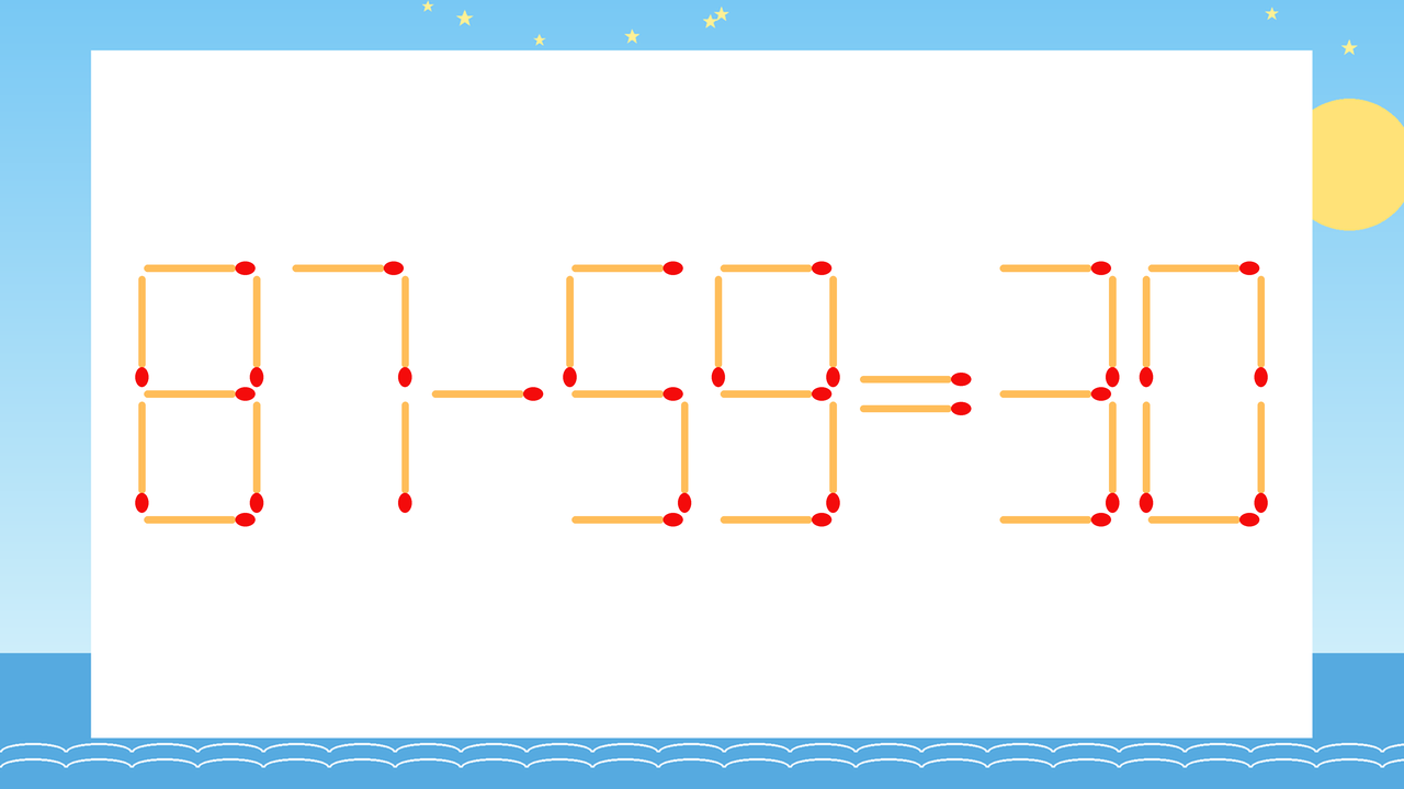 【マッチ棒クイズ】1本だけ動かして正しい式に：87-59=30？