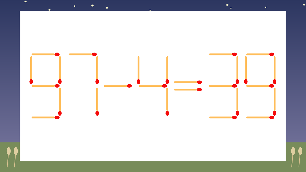 【マッチ棒クイズ】1本だけ動かして正しい式に：97-4=39？の問題イメージ