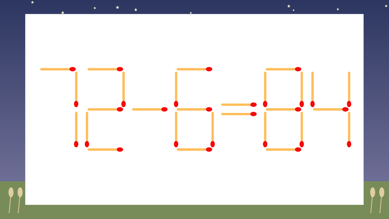 【マッチ棒クイズ】1本だけ動かして正しい式に:72-6=84?