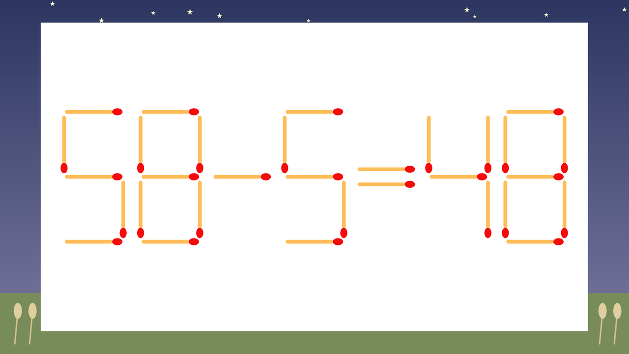 【マッチ棒クイズ】1本だけ動かして正しい式に:58-5=48?