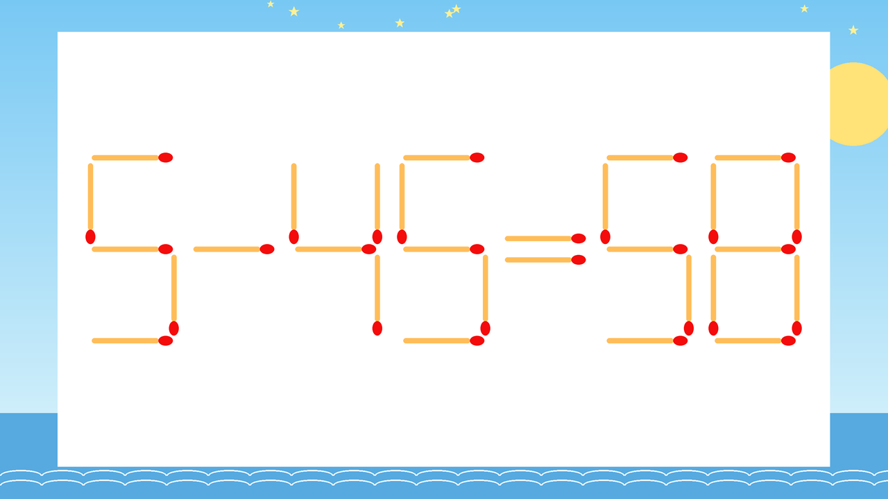 【マッチ棒クイズ】1本だけ動かして正しい式に：5-45=58？の問題イメージ