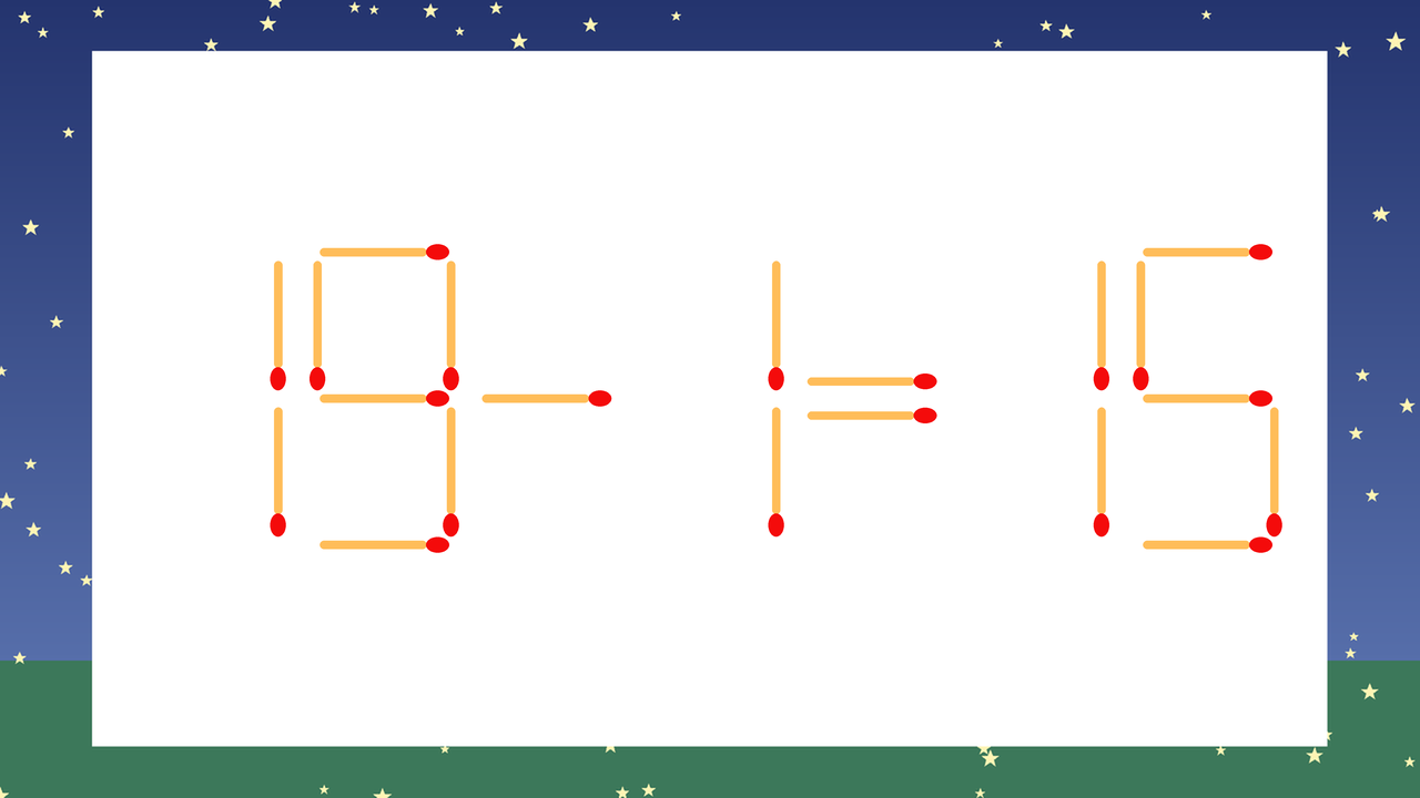【マッチ棒クイズ】1本だけ動かして正しい式に：19-1=15？
